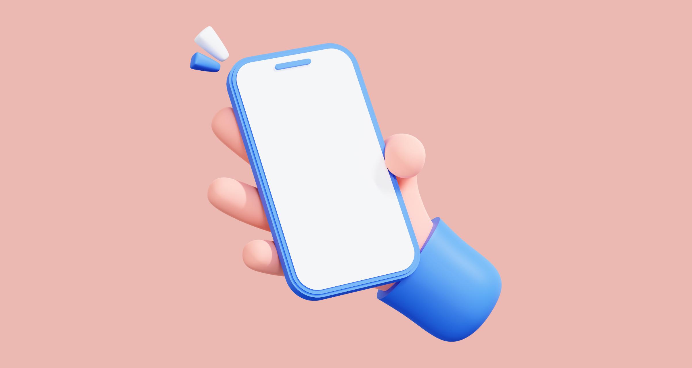 A 3D illustration of a hand holding a smartphone with a blank screen on a light pink background.