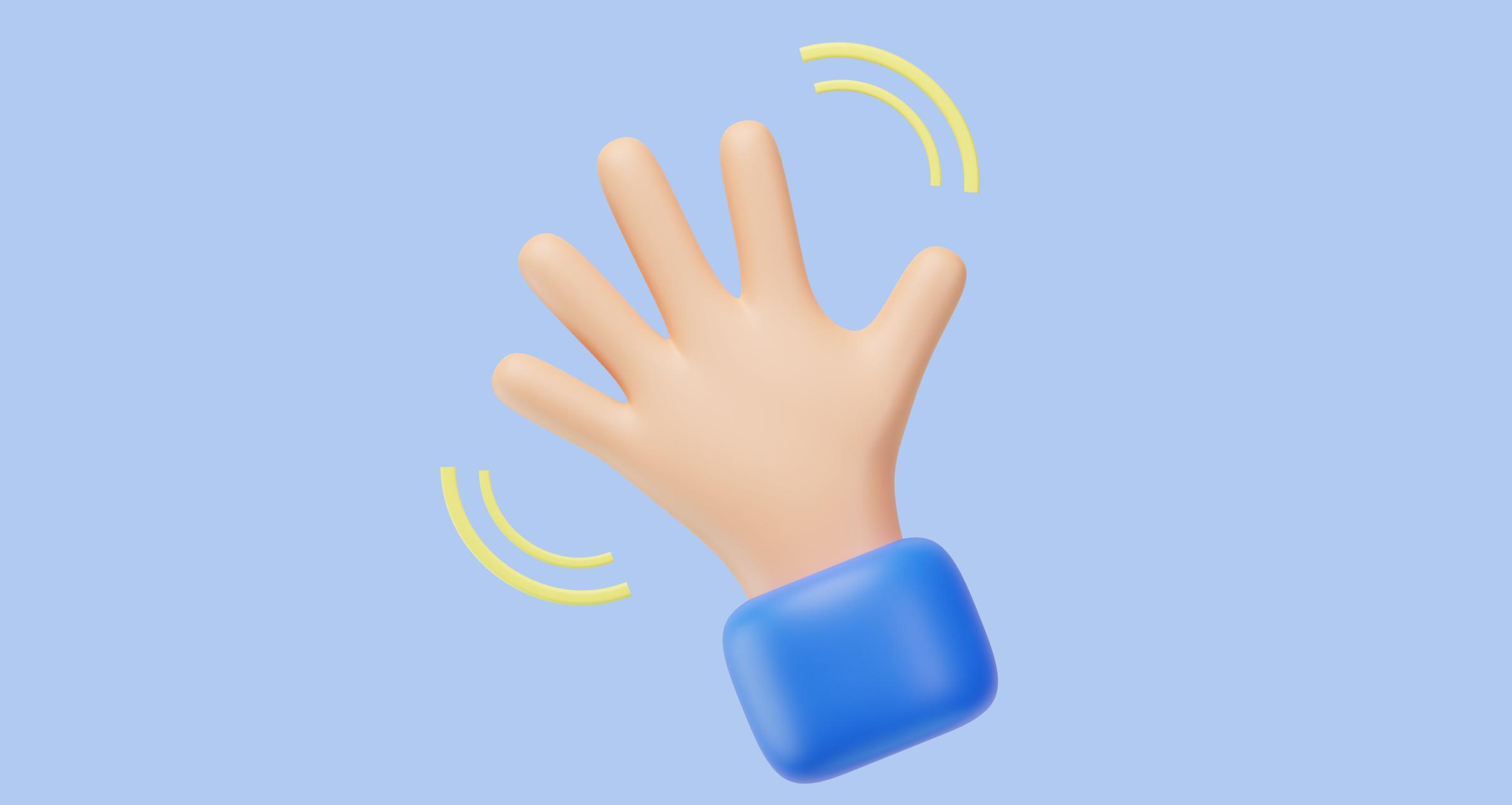 A 3D illustration of a hand waving with sound waves around it, on a light blue background