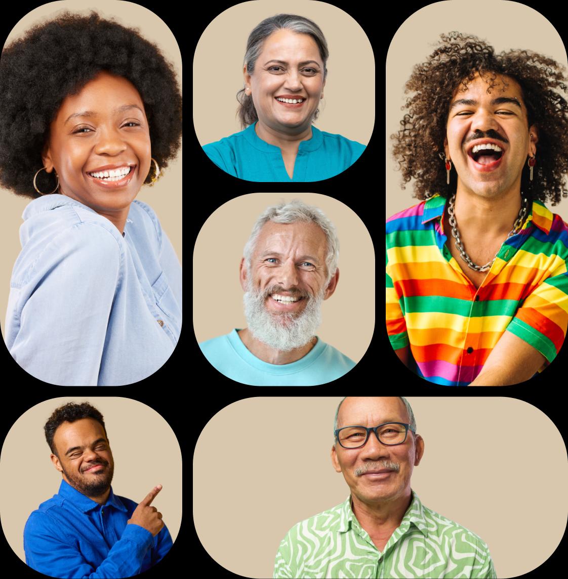 A diverse group of six people, featuring different races, genders, and ages, smiling in rounded frames.