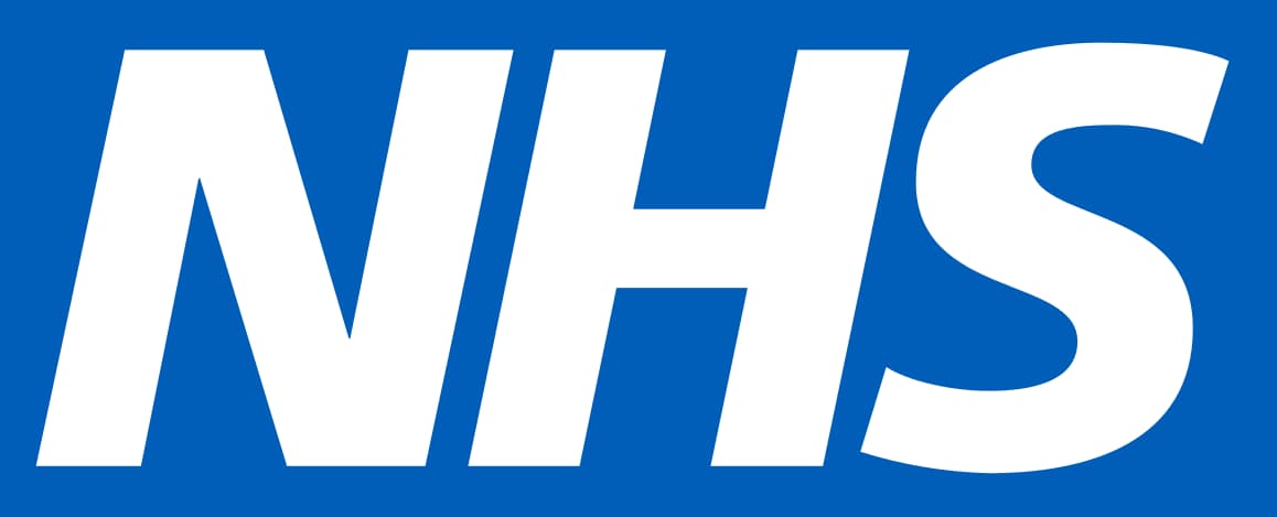 NHS logo with bold white letters on a blue background.