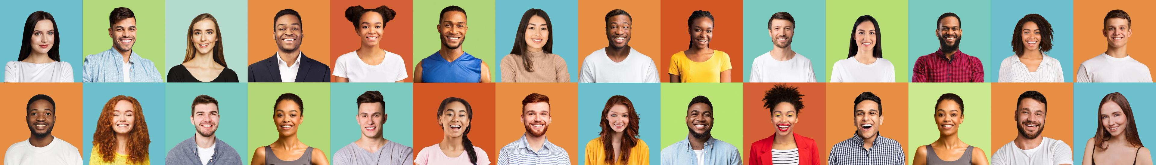 A diverse group of 28 people of different ages, ethnicities, and genders, all smiling and looking directly at the camera. Each person is placed in a coloured square background, creating a vibrant and inclusive collage of faces.