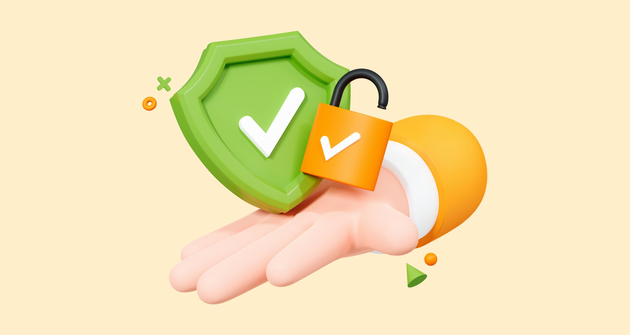 A 3D illustration of a hand holding a green shield with a checkmark and an orange unlocked padlock, on a yellow background.