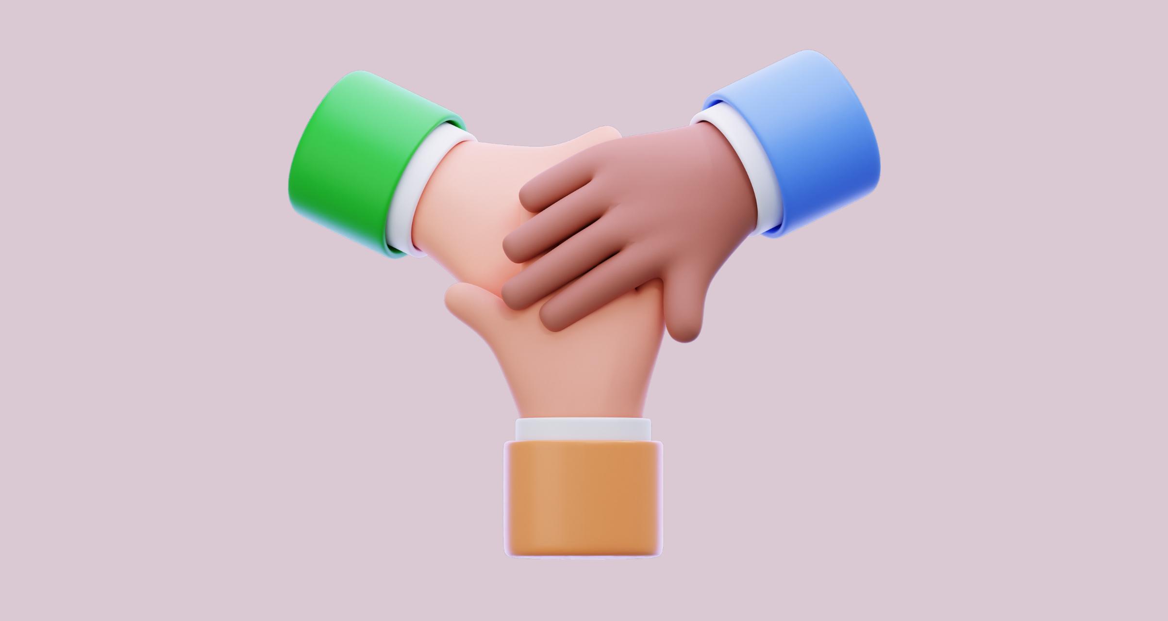 A 3D illustration of three hands in different skin tones joining together, on a light pink background.